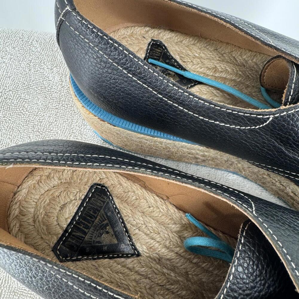 John Fluevog Black Leather Platform Espadrille with Blue Accents - Picture 6 of 8